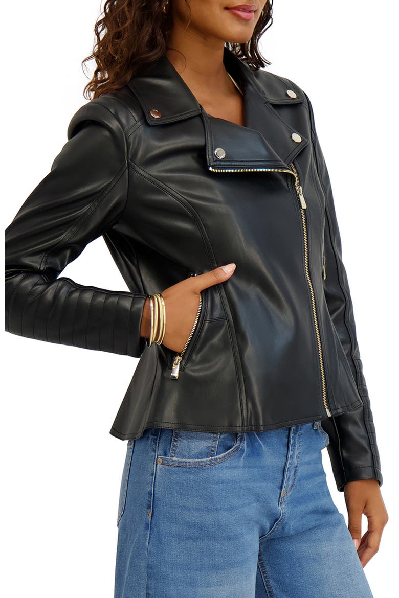 Peplum Back Faux Lether Moto Jacket, Alternate, color, BLACK