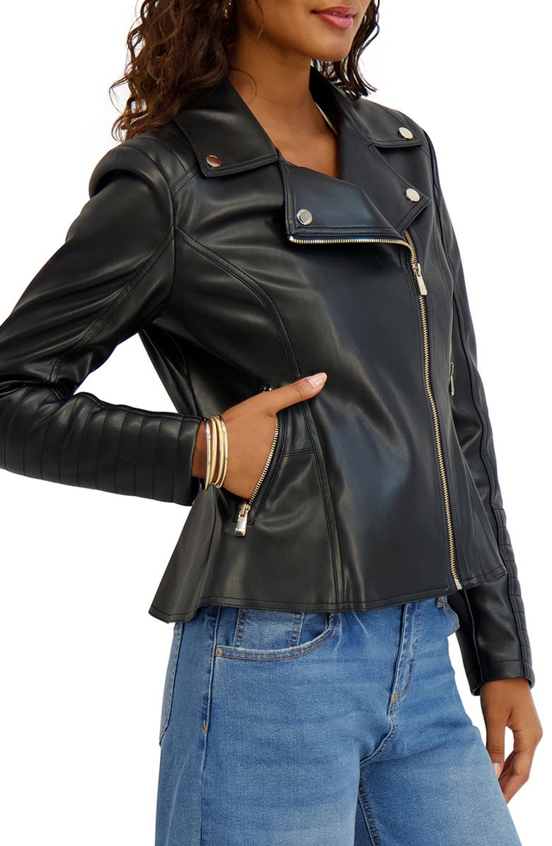 Kensie Peplum Back Faux Lether Moto Jacket, Alternate, color, Black