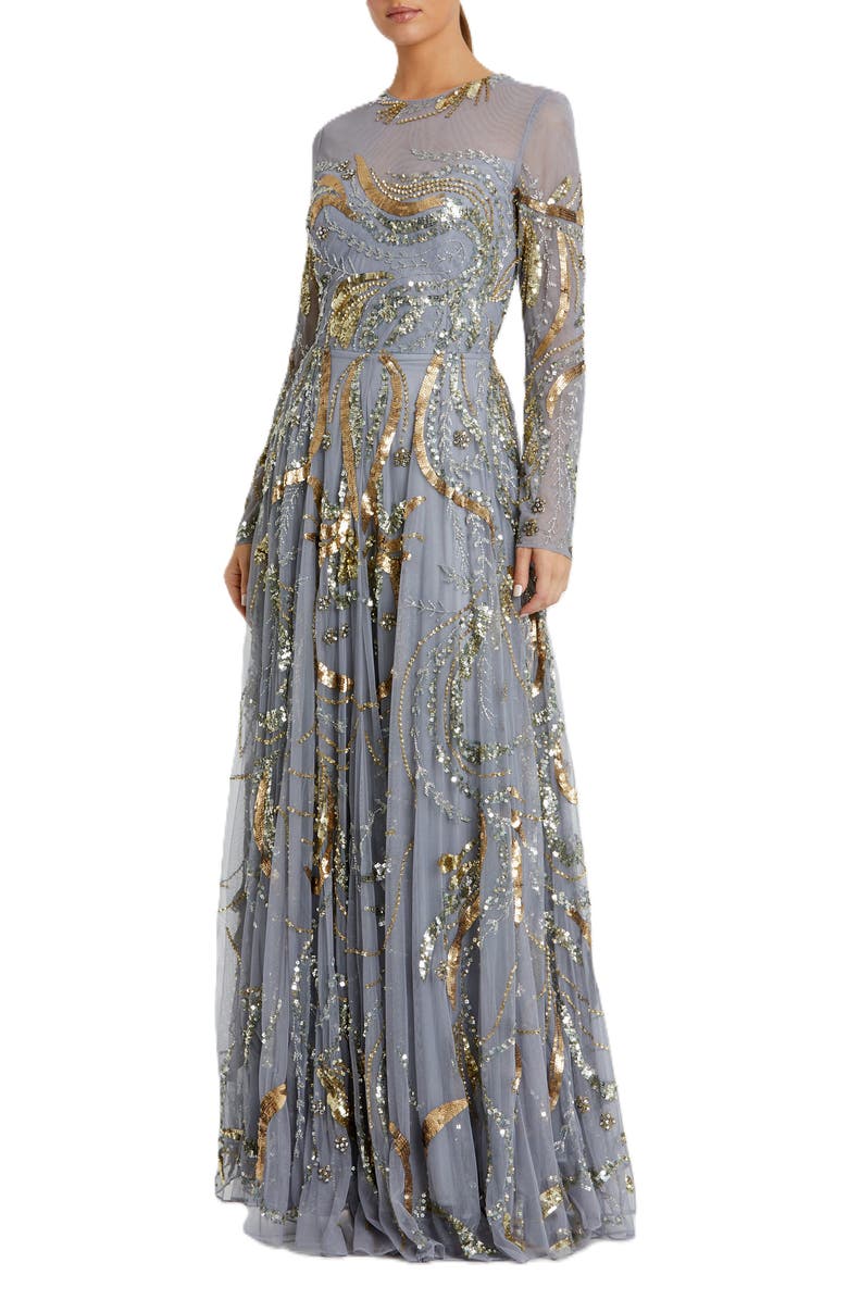 Mac Duggal Long Sleeve Embellished Illusion Evening Gown, Main, color, Platinum Gold