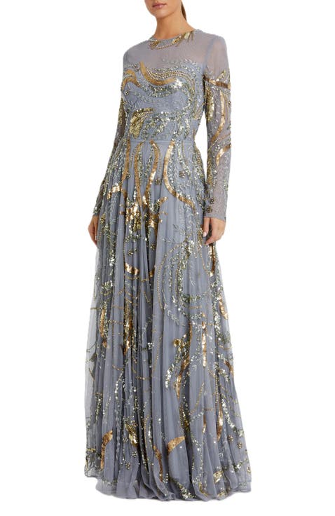 Long Sleeve Embellished Illusion Evening Gown