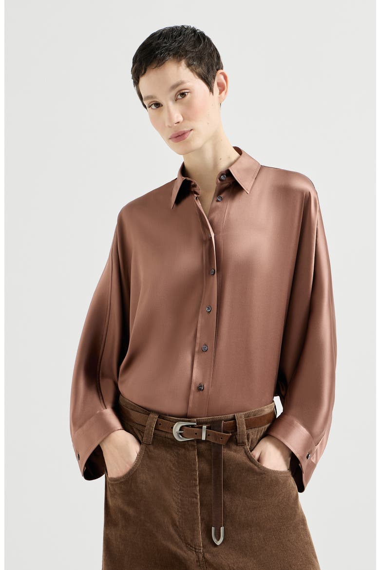 Stretch silk satin shirt with monili, Main, color, Dattero