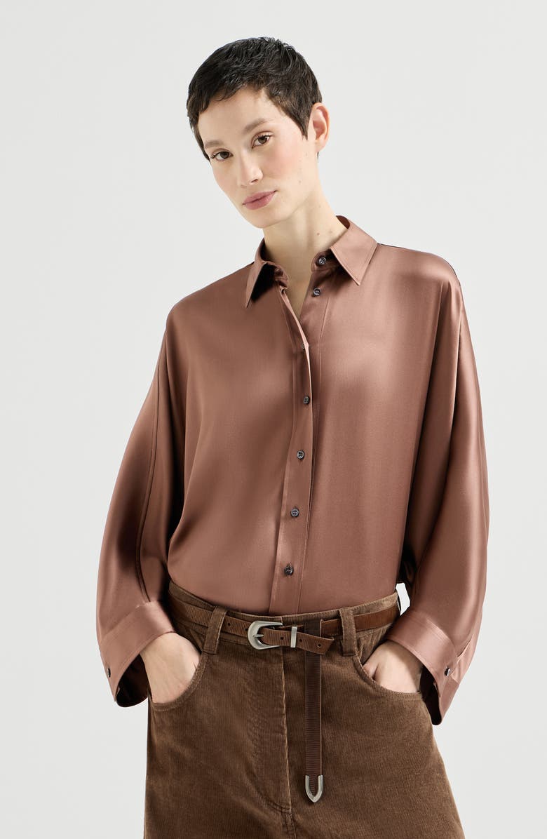 Brunello Cucinelli Stretch silk satin shirt with monili, Main, color, Brown