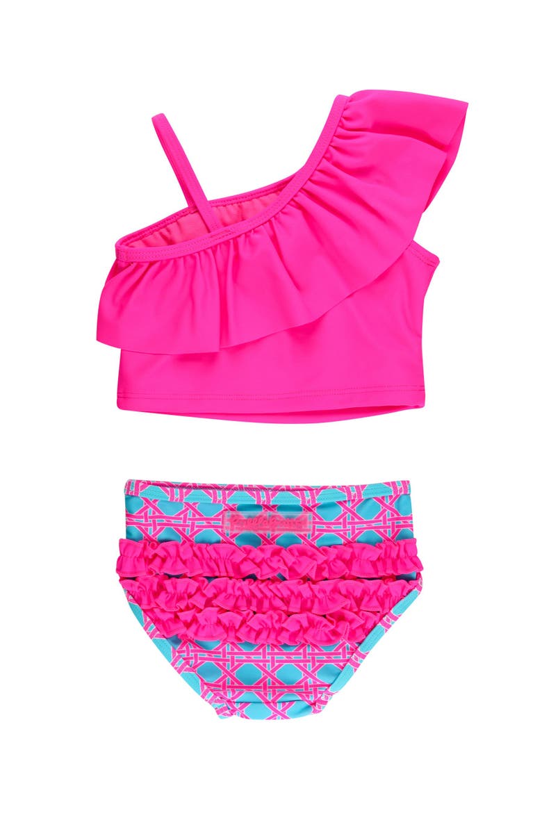 Girls One Shoulder Ruffle UPF50+ Tankini, Alternate, color, Neon Sorbet Cane