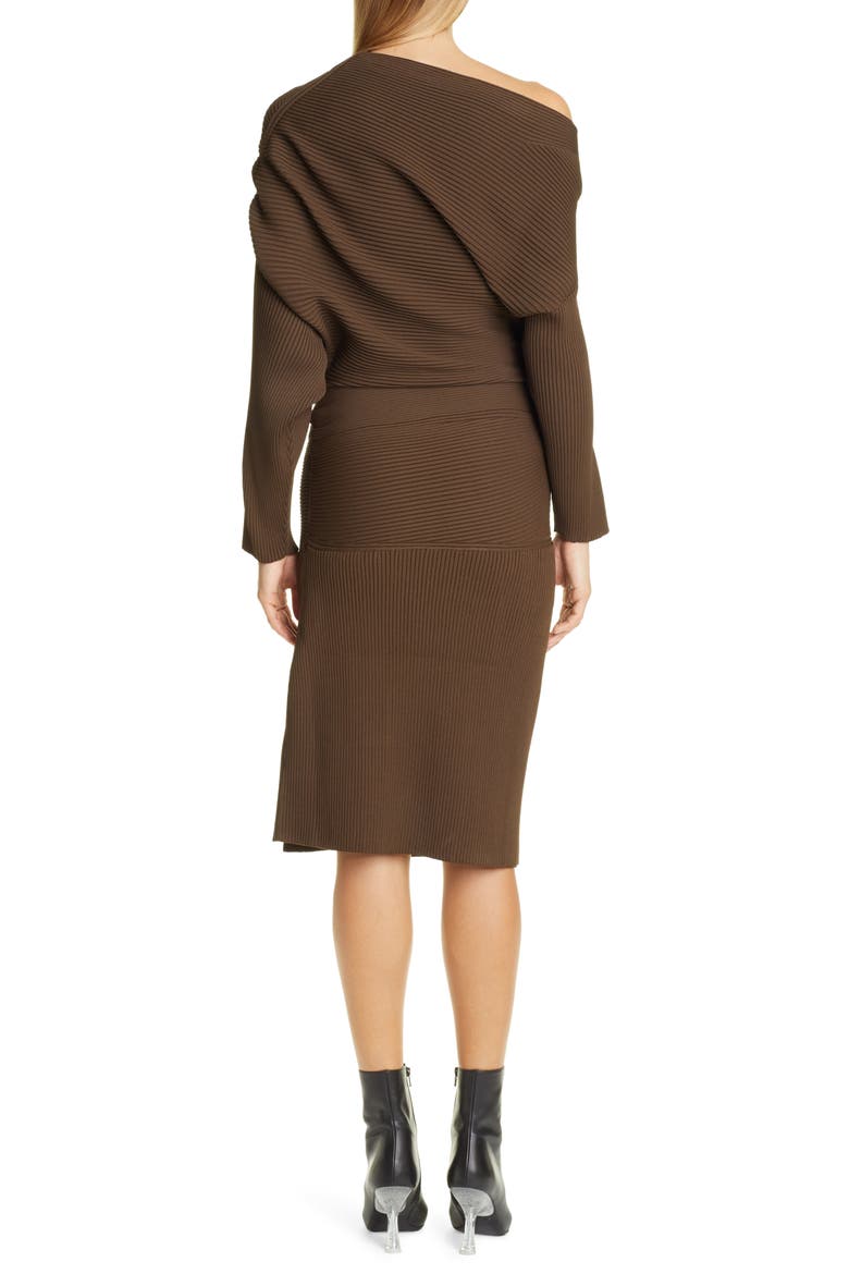 Rib One-Shoulder Long Sleeve Dress, Alternate, color, DARK BROWN
