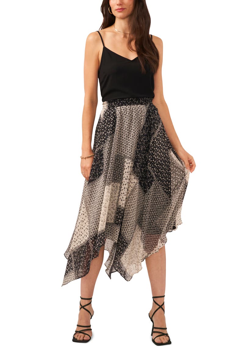 Mixed Print Handkerchief Hem Skirt, Alternate, color, RICH BLACK