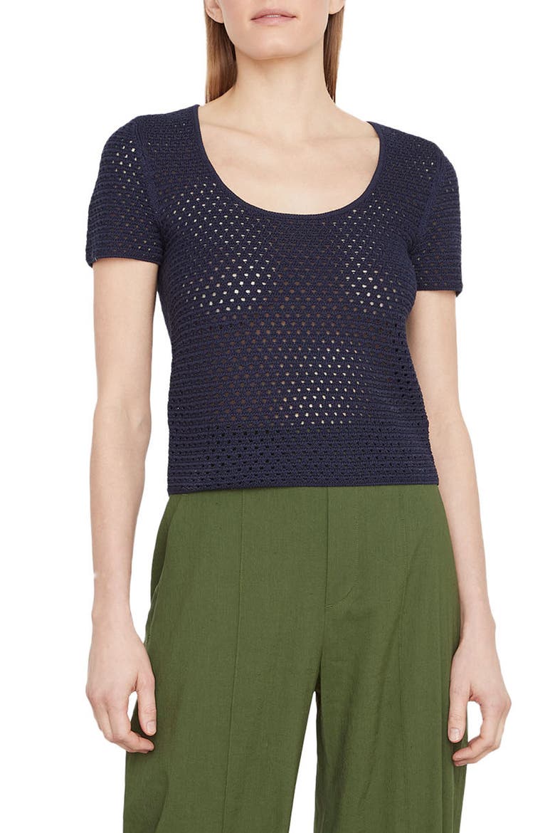 Open Stitch Short Sleeve Cotton Sweater, Main, color, NAVY