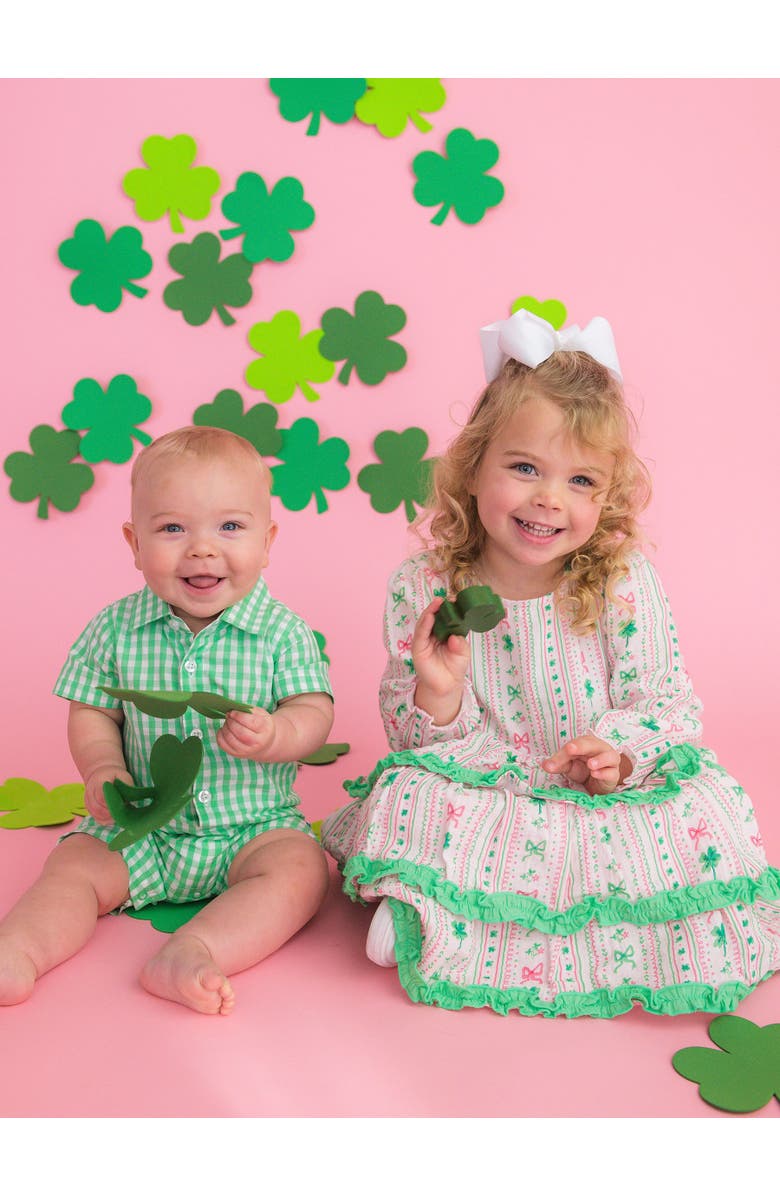 RuffleButts Cotton Gauze Tiered Ruffle Dress, Alternate, color, Clover Bows & Wishes