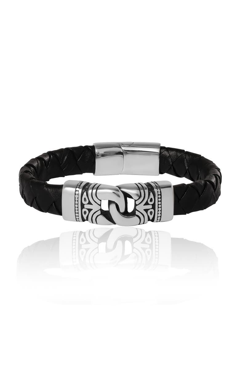 Lucky Brand Black Woven Leather Bracelet, Main, color, Silver