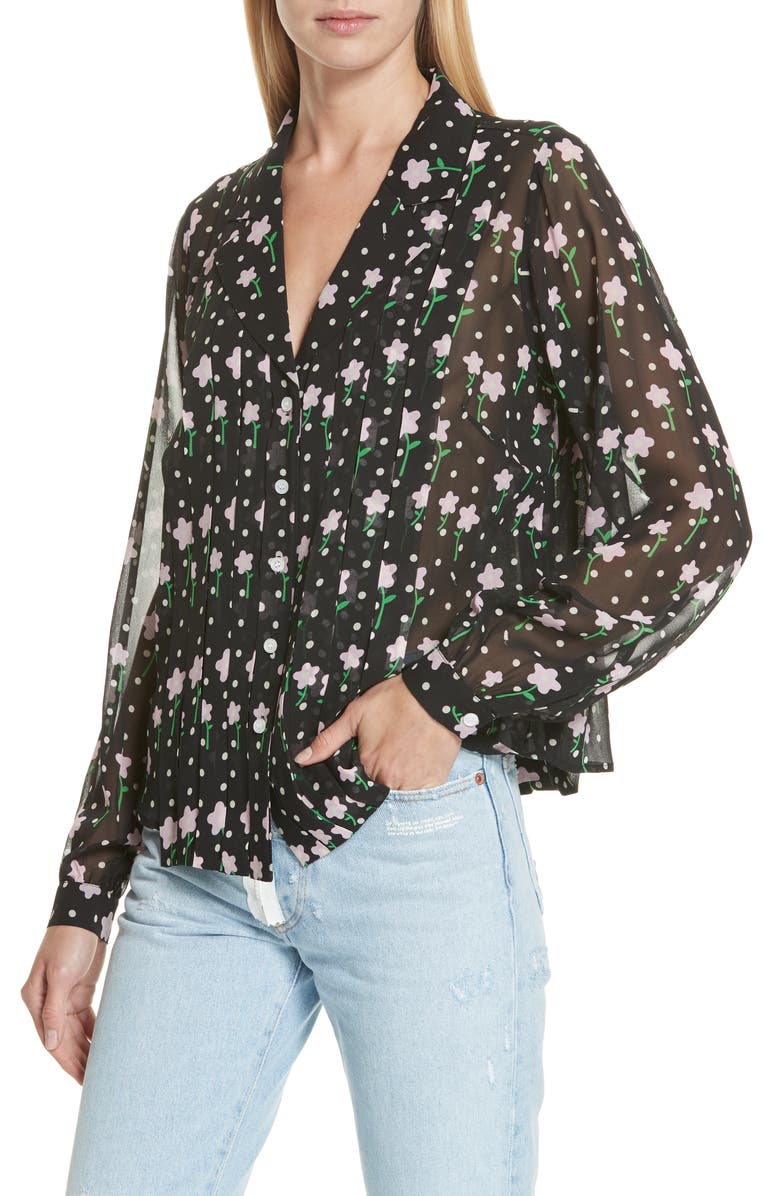 Sandy Liang Floral Print Pleated Silk Blouse, Alternate, color, 