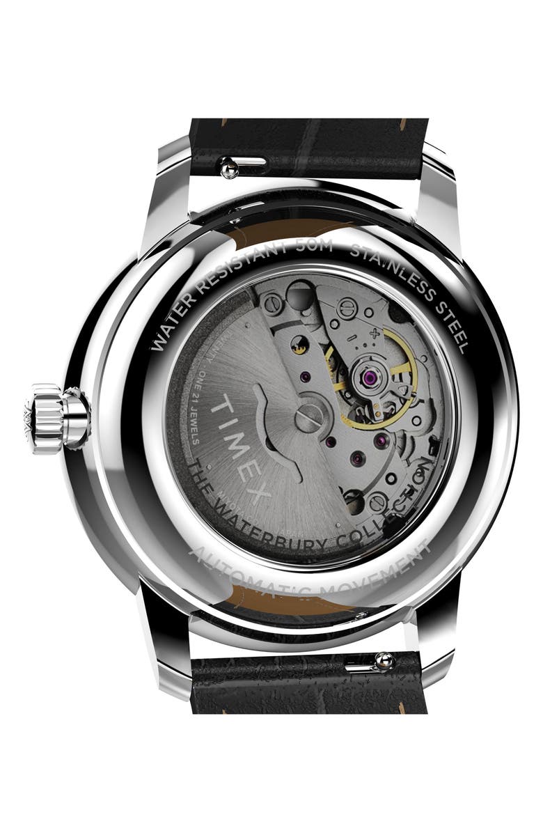 Timex<sup>®</sup> Waterbury Metropolitan Automatic Leather Strap Watch, 41mm, Alternate, color, Black