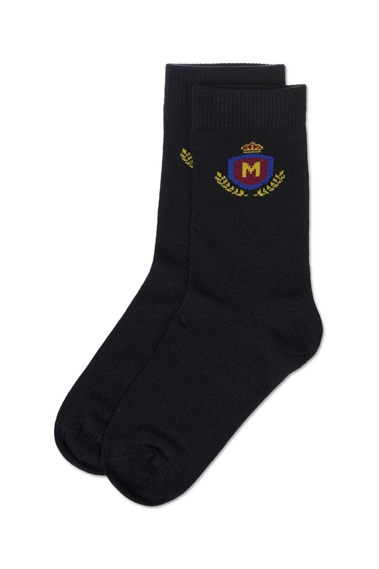 Stitched M Crest Solid Color Dress Crew Socks, Alternate, color, Black