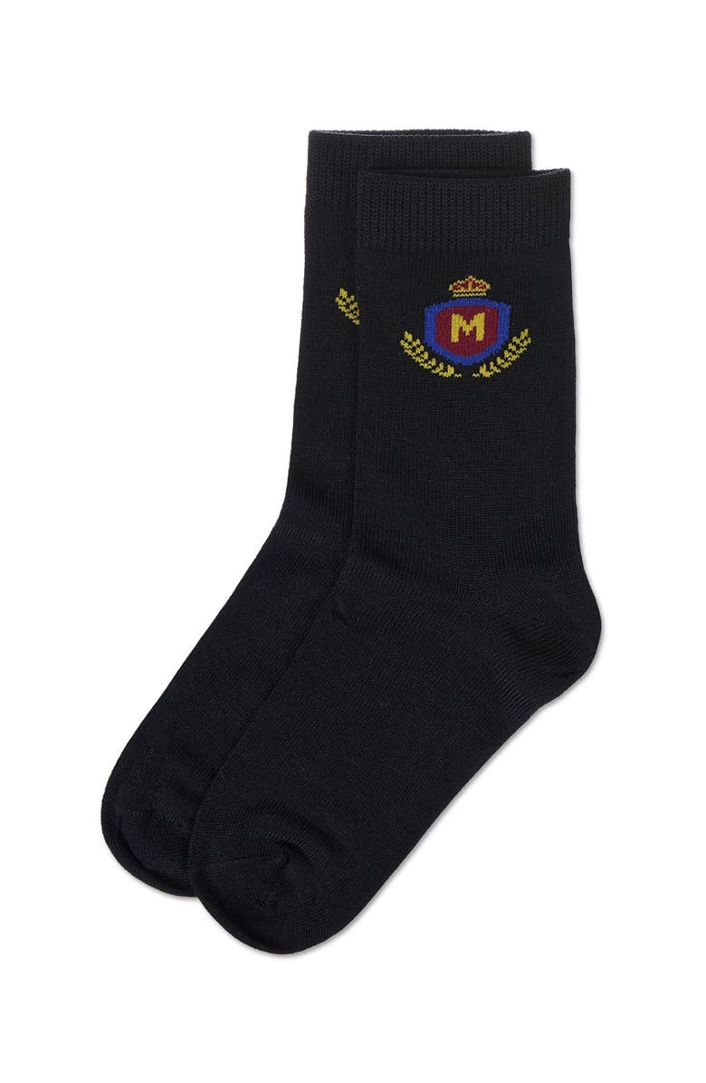 MeMoi Stitched M Crest Solid Color Dress Crew Socks, Alternate, color, Black