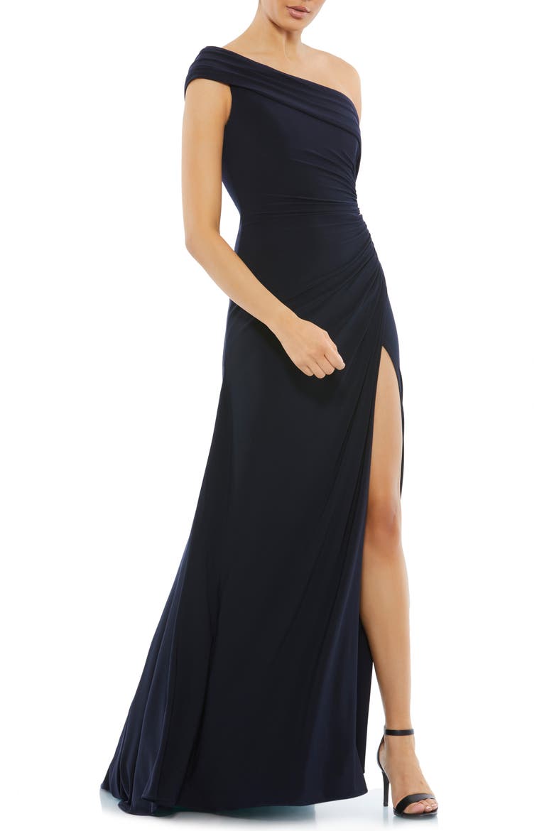 Foldover off-the-shoulder slit gown, Main, color, NAVY