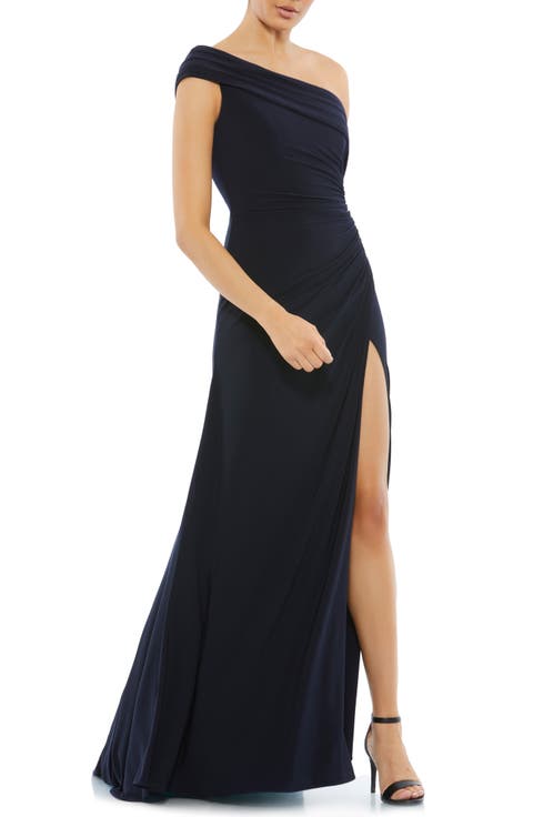 Foldover off-the-shoulder slit gown