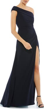 Ieena for Mac Duggal Foldover off-the-shoulder slit gown
