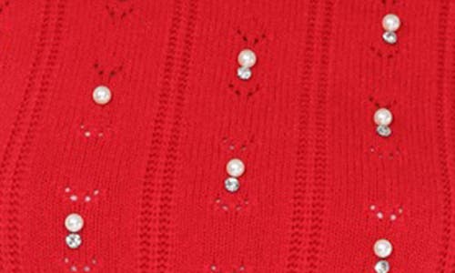 Rain And Rose Faux Pearl Cotton Blend Pointelle Sweater In Red