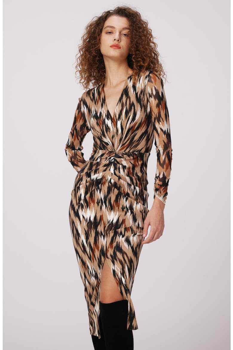 Hades Two Abstract Print Long Sleeve Dress, Alternate, color, FLAMES CAMEL