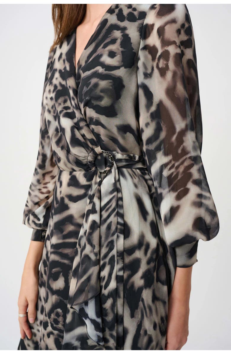 Joseph Ribkoff Chiffon Printed Fit and Flare Wrap Dress, Alternate, color, Grey/Multi