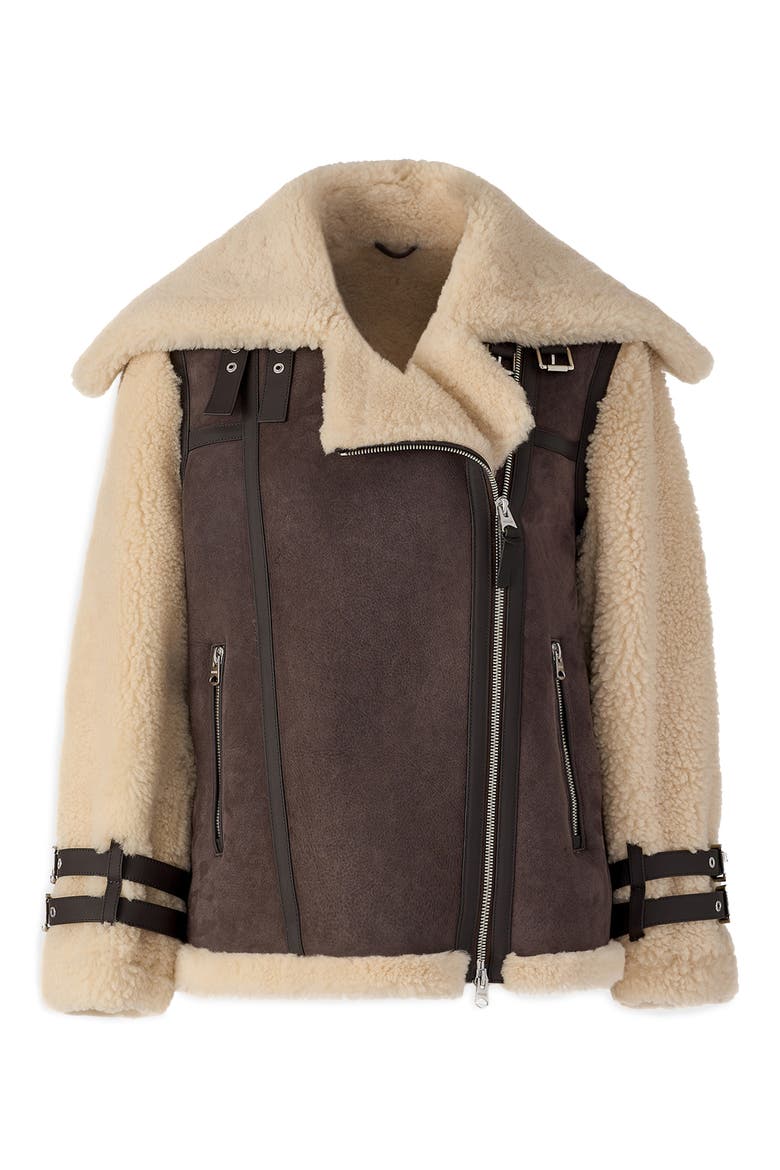 Rhoslyn Oversize Genuine Shearling Moto Jacket, Alternate, color, COFFEE-NATURAL