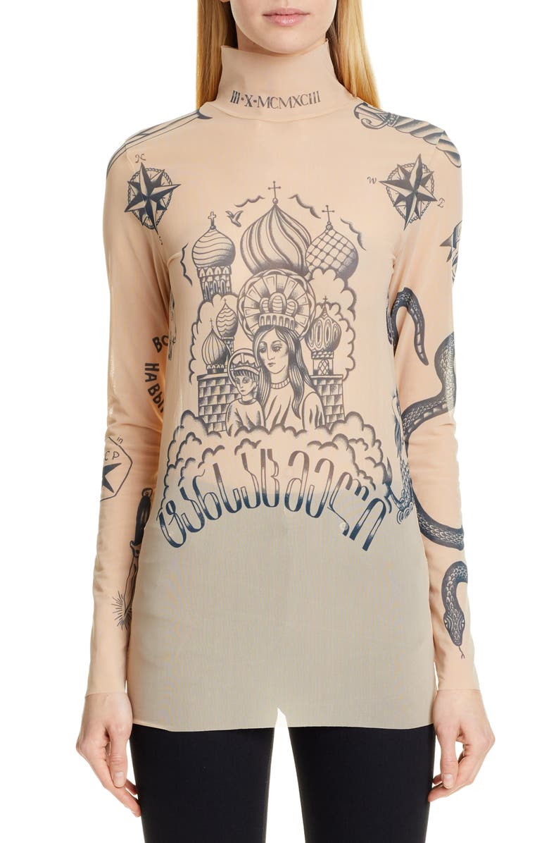 VETEMENTS Tattoo Graphic Mesh Top, Main, color,