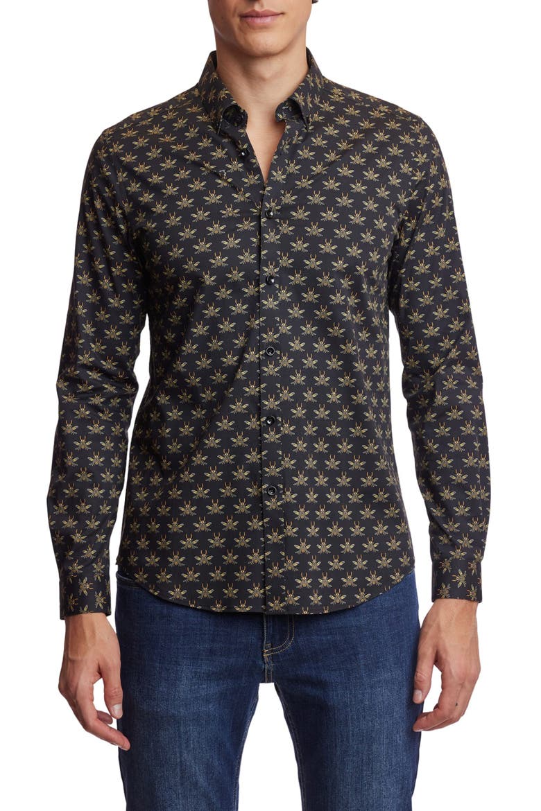 Brian Beetle Print Stretch Cotton Dress Shirt, Main, color, BLACK BEES