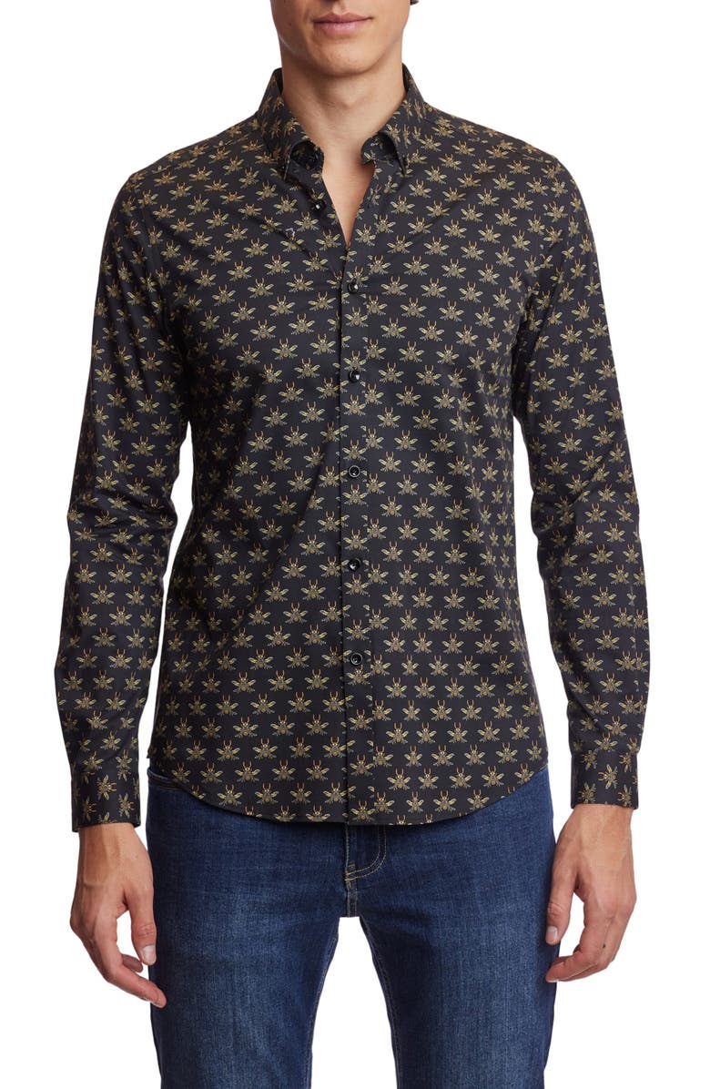 PAISLEY & GRAY Brian Beetle Print Stretch Cotton Dress Shirt, Main, color, Black Bees