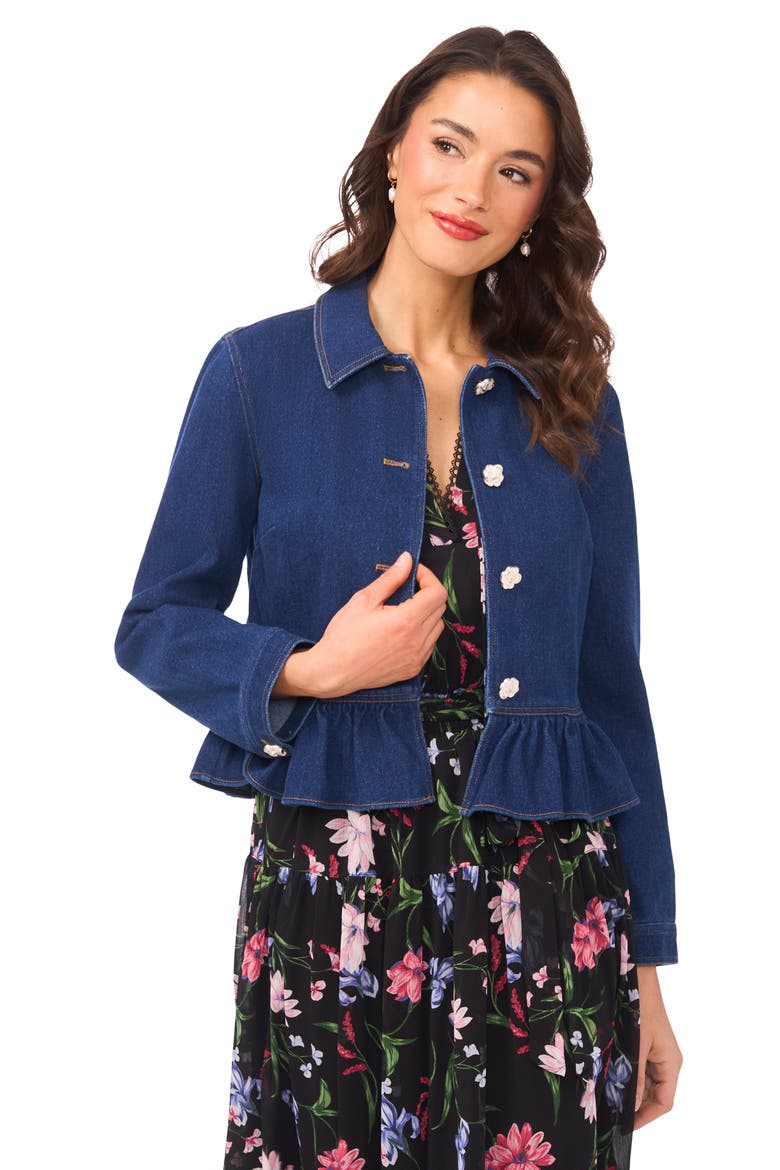 Floral Button Peplum Denim Jacket, Alternate, color, MID INDIGO