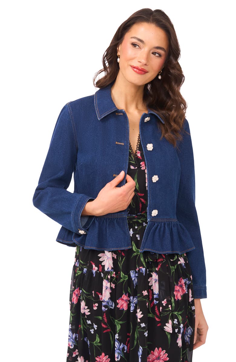 CeCe Floral Button Peplum Denim Jacket, Alternate, color, Mid Indigo