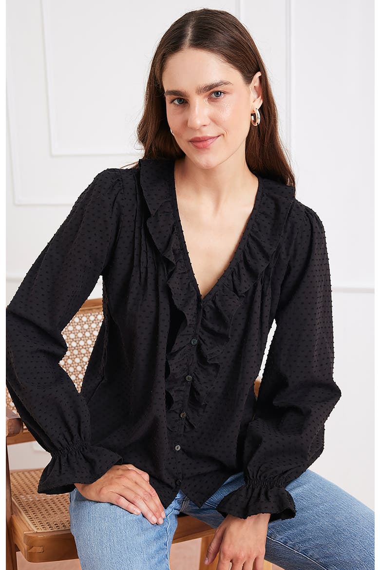 Long Sleeve Chloe Swiss Dot Ruffle Shirt, Alternate, color, Black