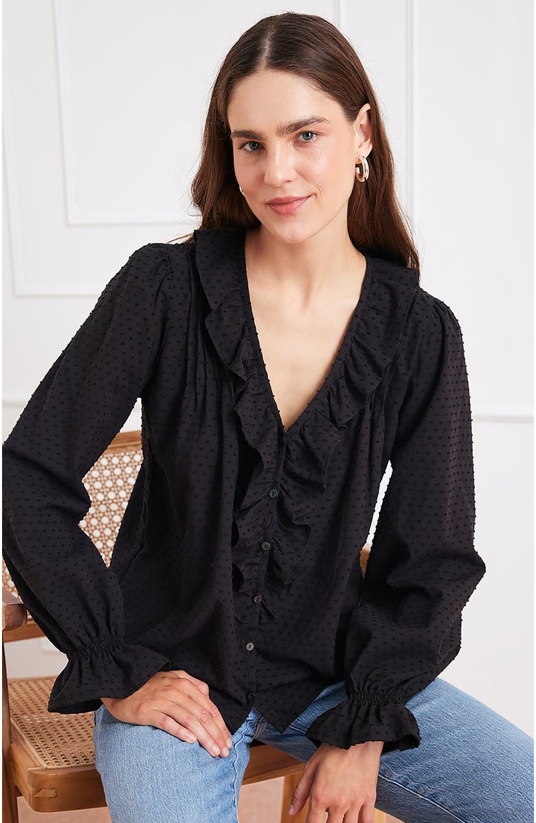 Paneros Clothing Long Sleeve Chloe Swiss Dot Ruffle Shirt, Alternate, color, Black