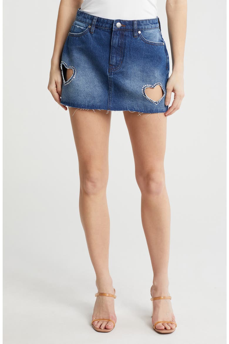 Heart Cutout Rhinestone Denim Miniskirt, Main, color, MEDIUM BLUE WASH