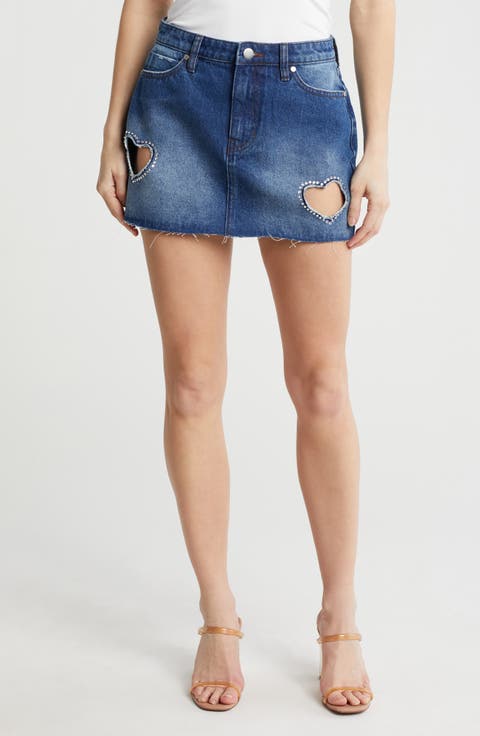Heart Cutout Rhinestone Denim Miniskirt