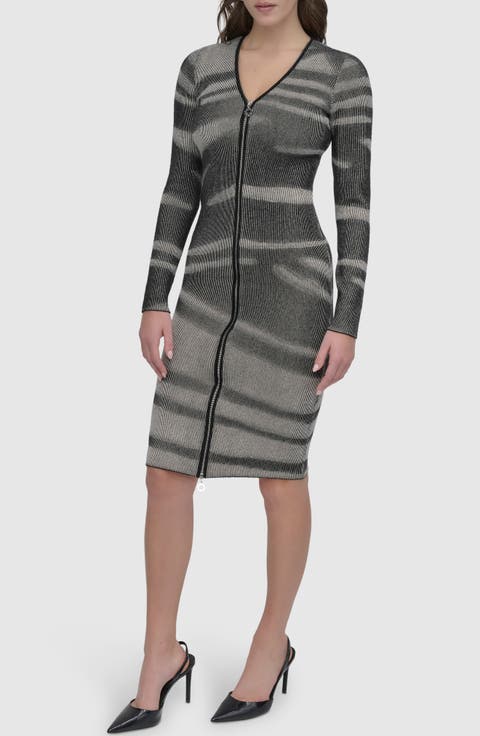 Zip Front Long Sleeve Sweater Dress