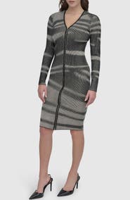 DKNY Zip Front Long Sleeve Sweater Dress