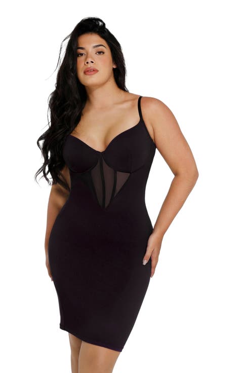 Shapewear Mesh Corset Panel Built-In Sculpting Midi Dress