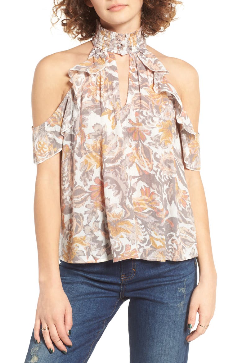 Smock Neck Cold Shoulder Blouse, Main, color, IVORY EGRET BLISS FLORAL