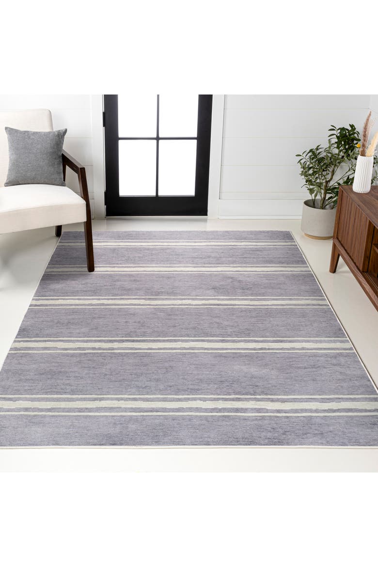 Bande Distressed Ticking Stripe Machine-Washable Area Rug, Alternate, color, Lavender/Ivory