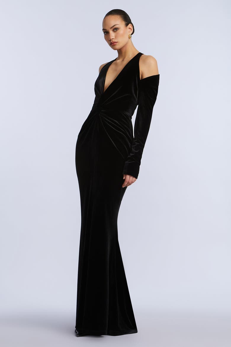 Long Sleeve Halter Velvet Gown, Alternate, color, Black