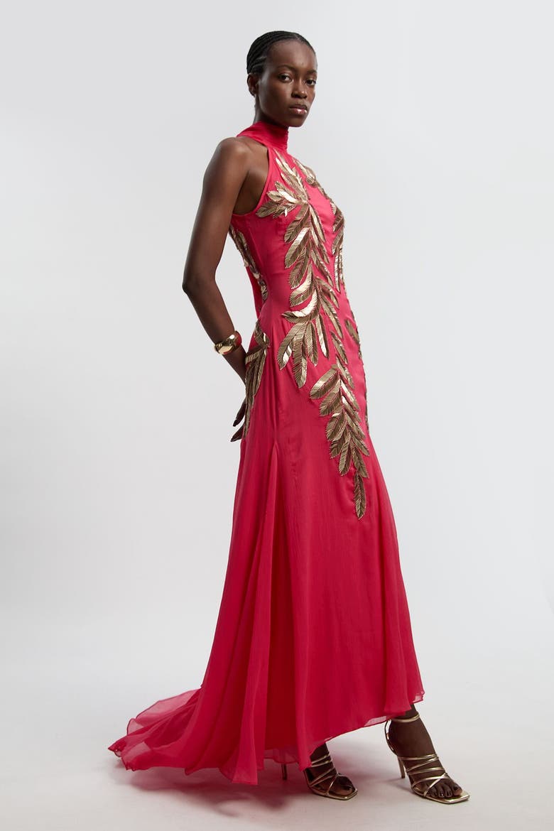 Halter Neck Embellished Maxi Dress, Alternate, color, Pink