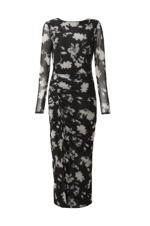 Quiz Mesh Floral Long Sleeve Maxi Dress In Black