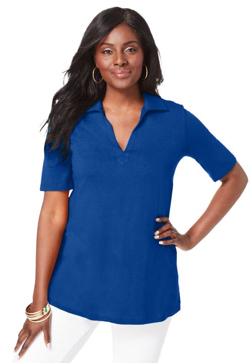 Jessica London Stretch Cotton Polo Tee In Blue