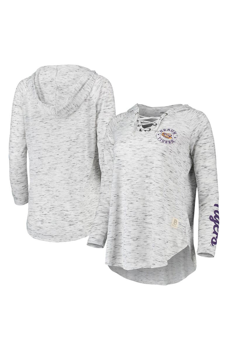 PRESSBOX Women's Pressbox Gray LSU Tigers Space Dye Lace-Up V-Neck Long Sleeve T-Shirt, Main, color, 