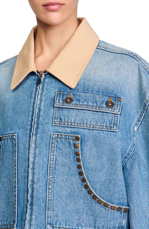 Shop Sandro Denim Jacket With Studs In Blue Jean