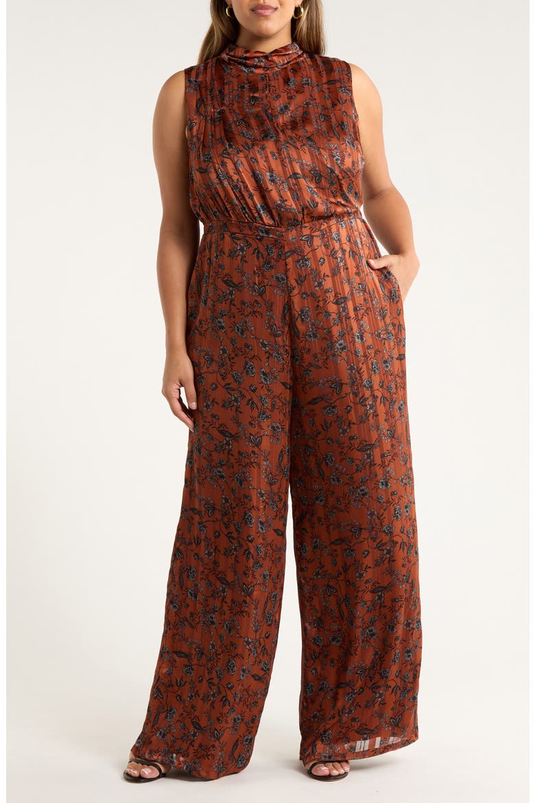 Leoben Pleated Sleeveless Satin Jumpsuit, Main, color, BROWN-BLACK