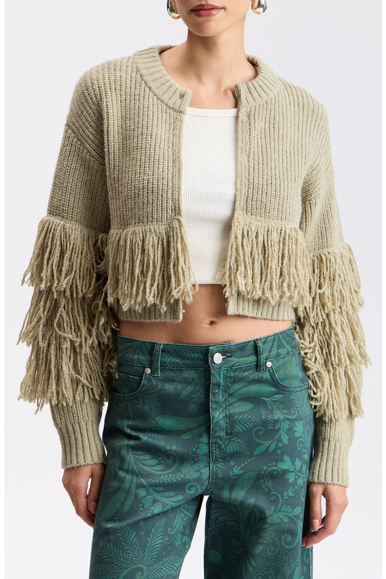 Fringe Cropped Cardigan, Alternate, color, SAGE
