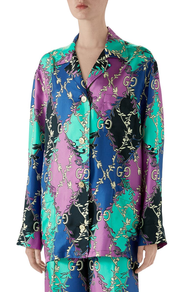 Gucci GG Rhombus Ramage Print Silk Twill Shirt, Main, color, 