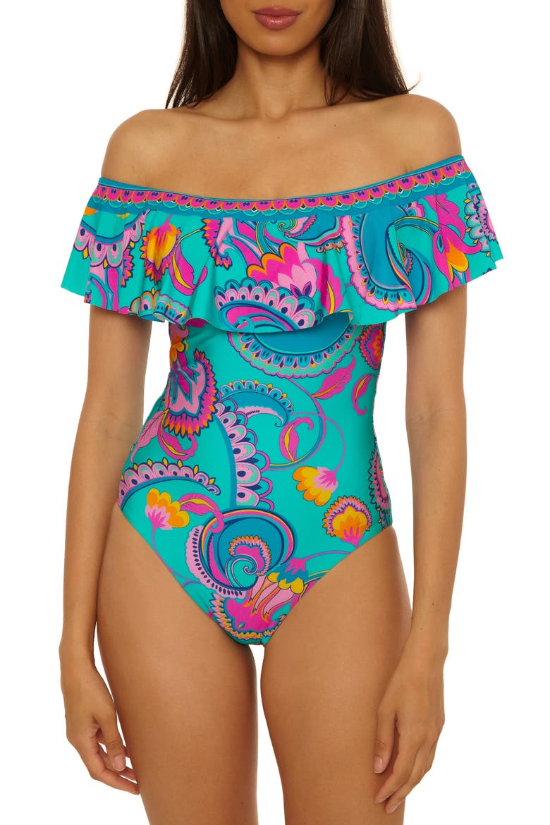 Mykonos Ruffle Off the Shoulder One-Piece Swimsuit, Main, color, MULTI