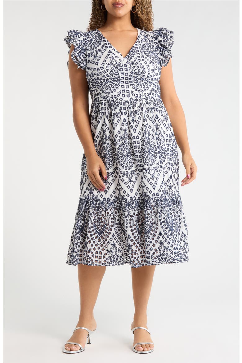 Ines Zayla Eyelet Cotton Poplin Midi Dress, Main, color, WHITE-BLUE