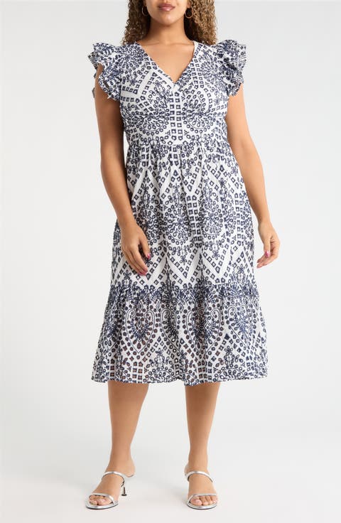 Ines Zayla Eyelet Cotton Poplin Midi Dress (Plus)