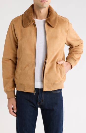 Rainforest Bonded Faux Suede Bomber Jacket With Faux Fur Collar In Camel